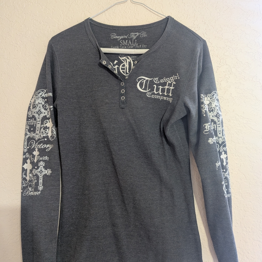 Cowgirl Tuff Gray Henley with White Details